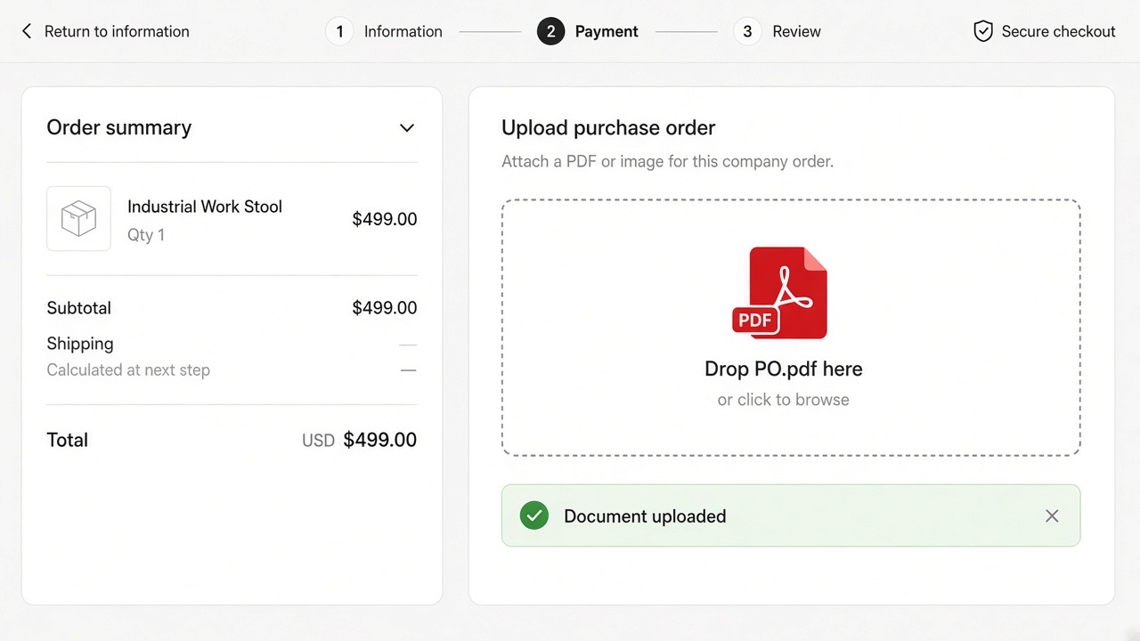 Screenshot of B2B checkout document upload — Shopify Plus