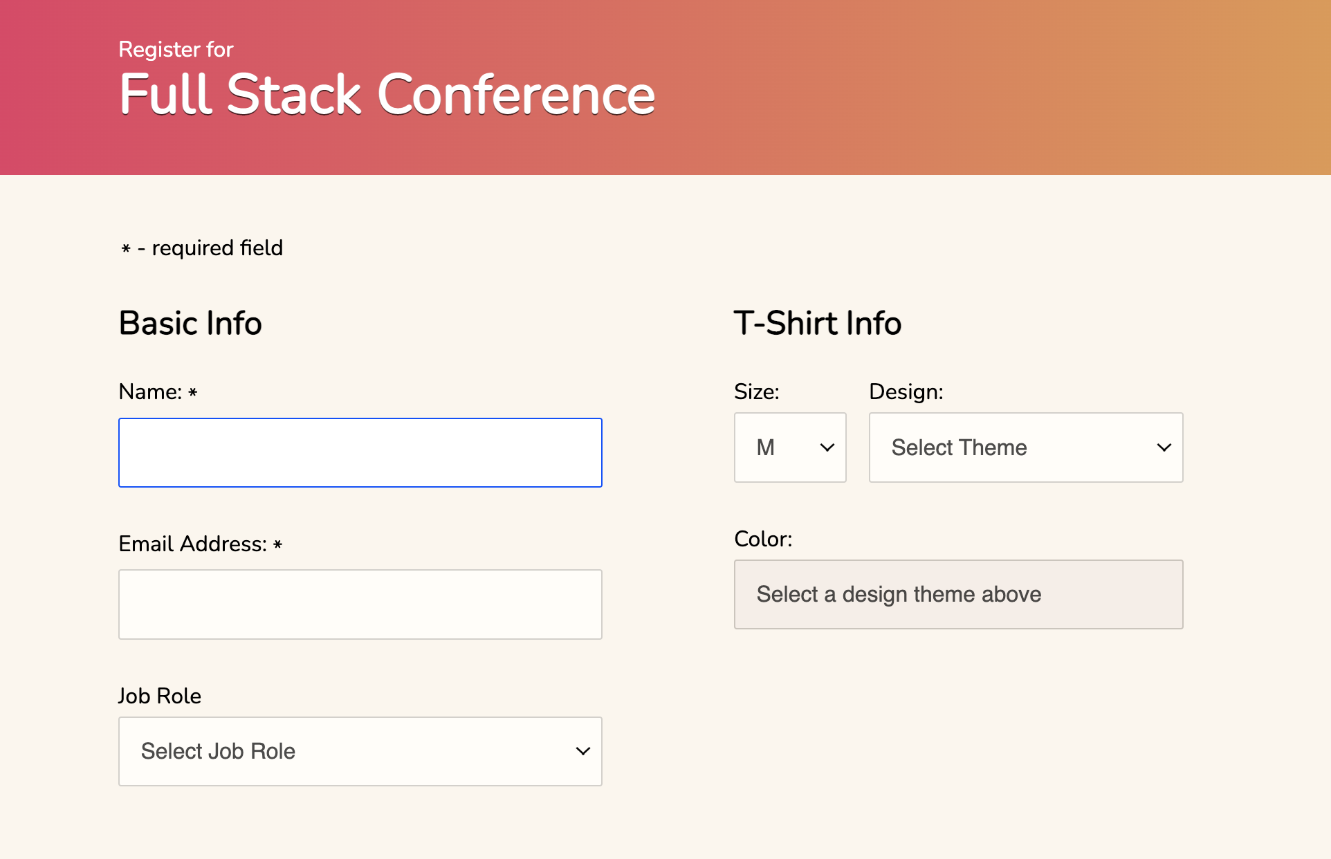 Screenshot of Conference registration form