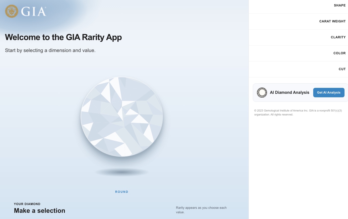 Screenshot of GIA Rarity App 2.0 — rebranded diamond studio