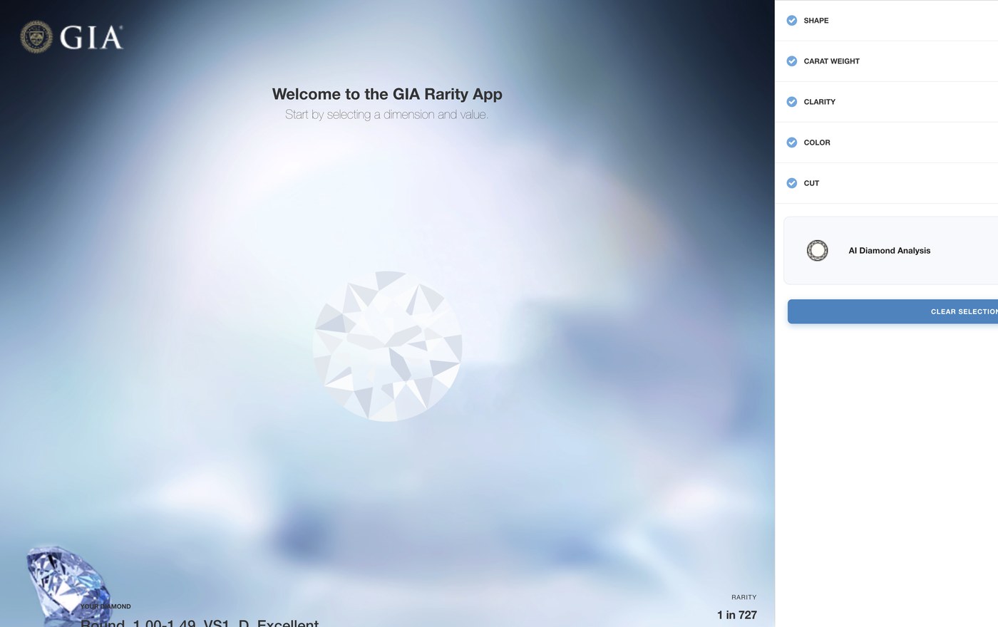 Screenshot of GIA Rarity App — diamond 4Cs explorer