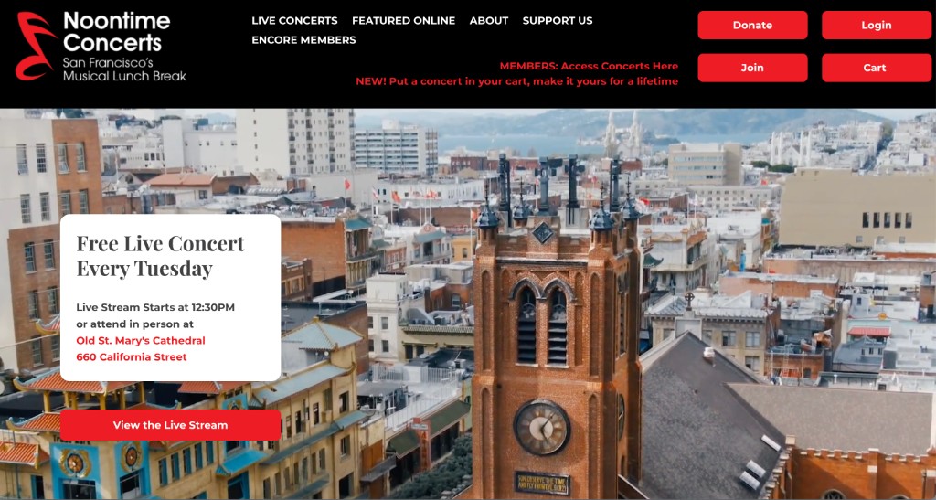 Screenshot of Noontime Concerts — live streaming and memberships