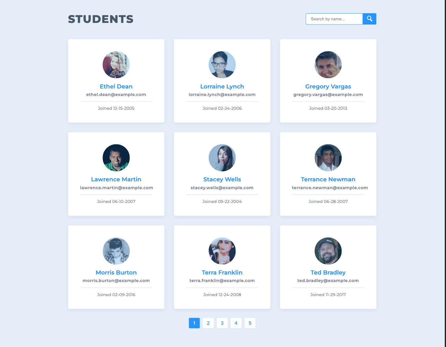 Screenshot of Student profiles — search and pagination