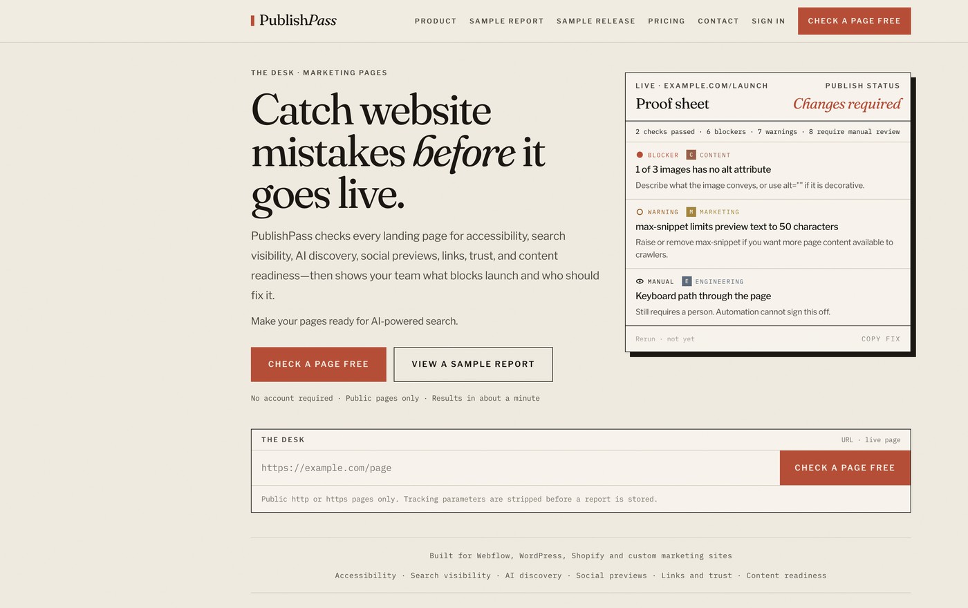 Screenshot of PublishPass — pre-publish QA for marketing teams